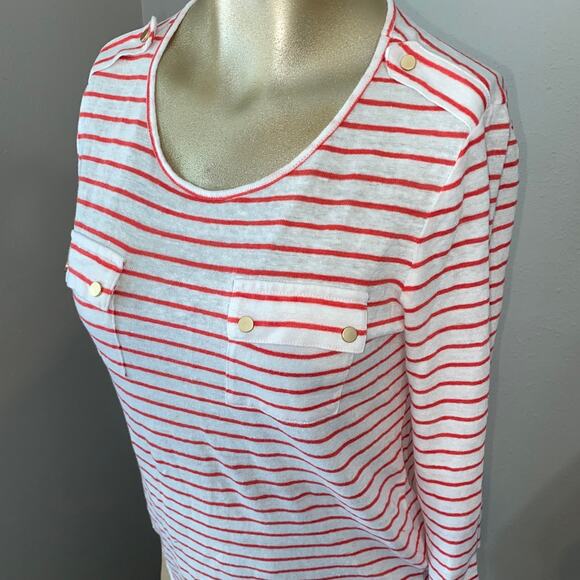 Chico's Size 0 Small Striped Nautical 3/4 Sleeve Top Costal Classic Preppy Linen - Picture 3 of 7